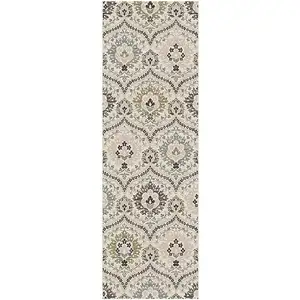 Photo of 8' Ivory Gray And Olive Floral Stain Resistant Runner Rug