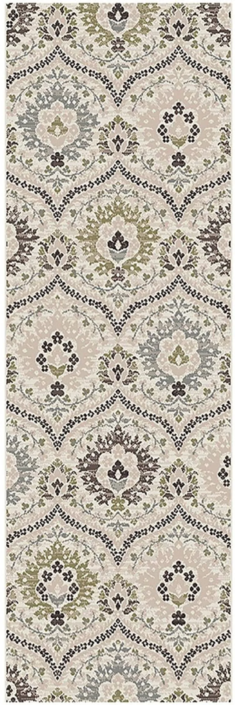 8' Ivory Gray And Olive Floral Stain Resistant Runner Rug Photo 1