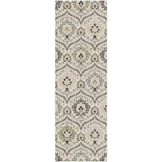 8' Ivory Gray And Olive Floral Stain Resistant Runner Rug Photo 1