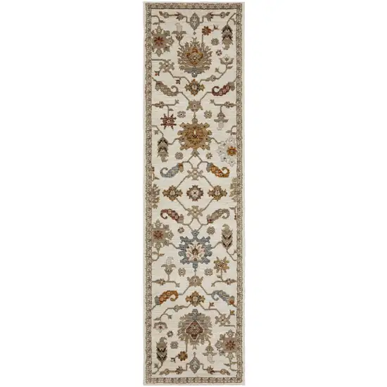 8' Ivory Gray And Orange Oriental Runner Rug Photo 2