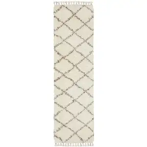 Photo of 8' Ivory Gray And Red Diamond Shag Runner Rug With Fringe