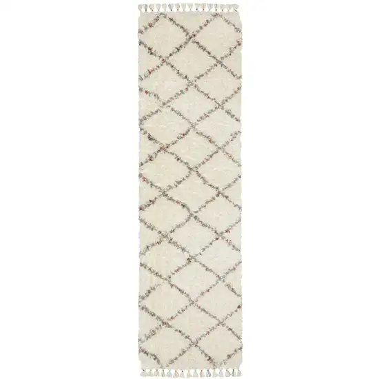 8' Ivory Gray And Red Diamond Shag Runner Rug With Fringe Photo 2