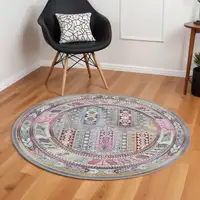 Photo of 6' Ivory Gray And Red Floral Distressed Round Rug