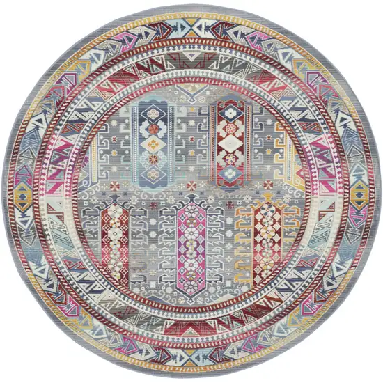 6' Ivory Gray And Red Floral Distressed Round Rug Photo 2