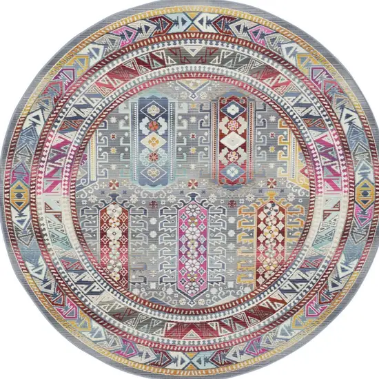 6' Ivory Gray And Red Floral Distressed Round Rug Photo 8