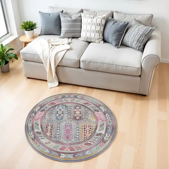 4' Ivory Gray And Red Floral Distressed Round Rug Photo 1