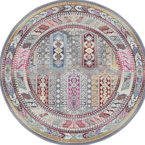 4' Ivory Gray And Red Floral Distressed Round Rug Photo 7