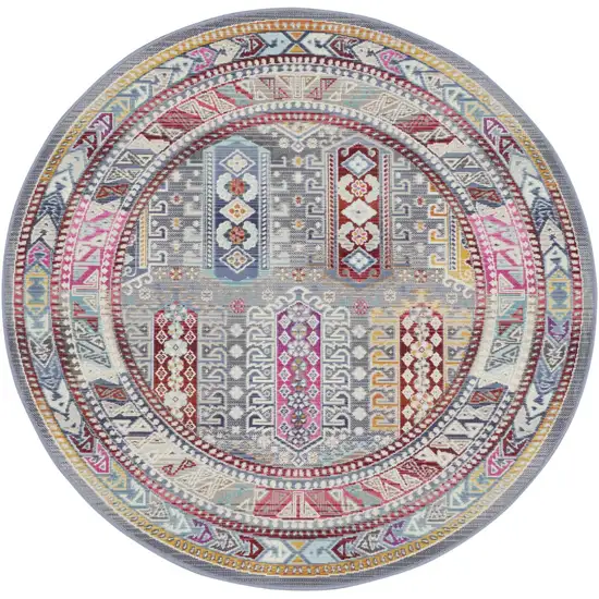 4' Ivory Gray And Red Floral Distressed Round Rug Photo 2