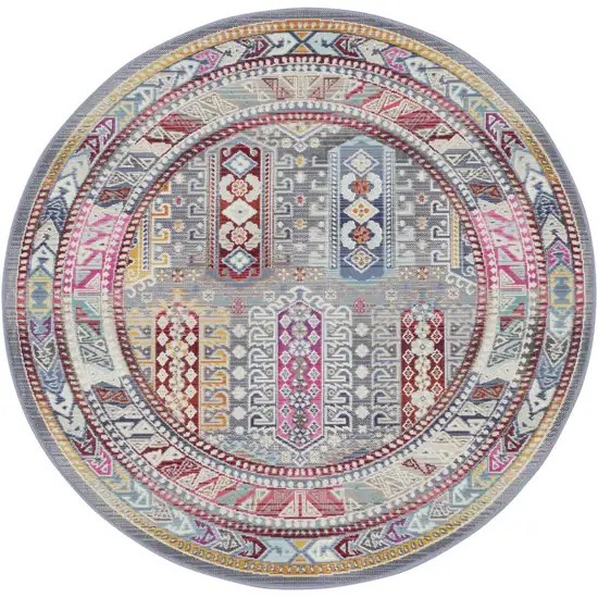 4' Ivory Gray And Red Floral Distressed Round Rug Photo 8