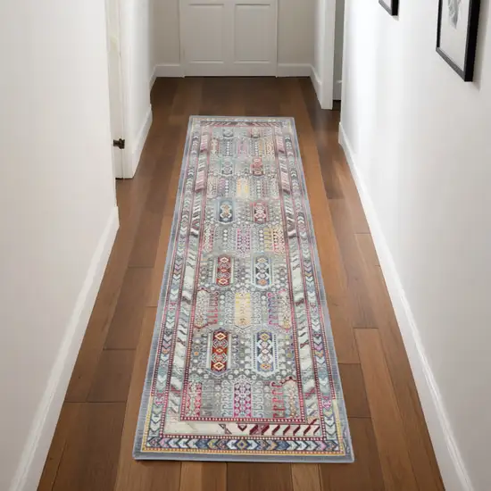 8' Ivory Gray And Red Floral Distressed Runner Rug Photo 1