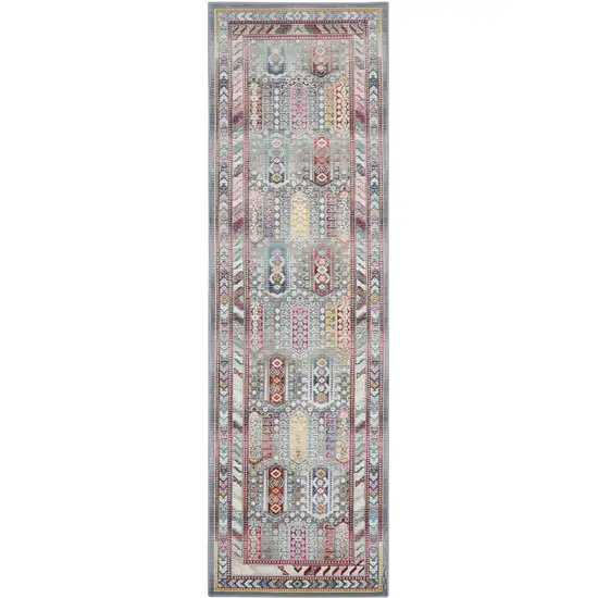 8' Ivory Gray And Red Floral Distressed Runner Rug Photo 2