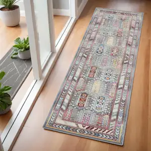 Photo of 6' Ivory Gray And Red Floral Distressed Runner Rug