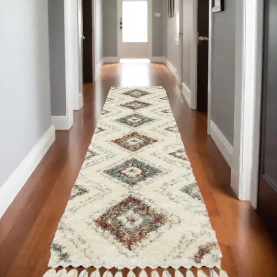 8' Ivory Gray And Red Southwestern Shag Runner Rug With Fringe Photo 1