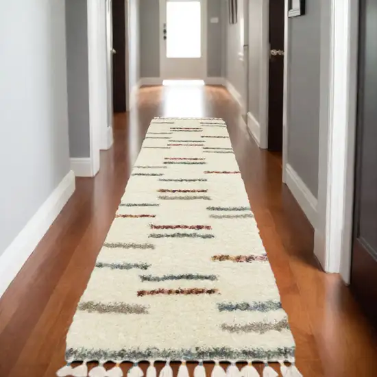 8' Ivory Gray And Tan Striped Shag Runner Rug With Fringe Photo 1