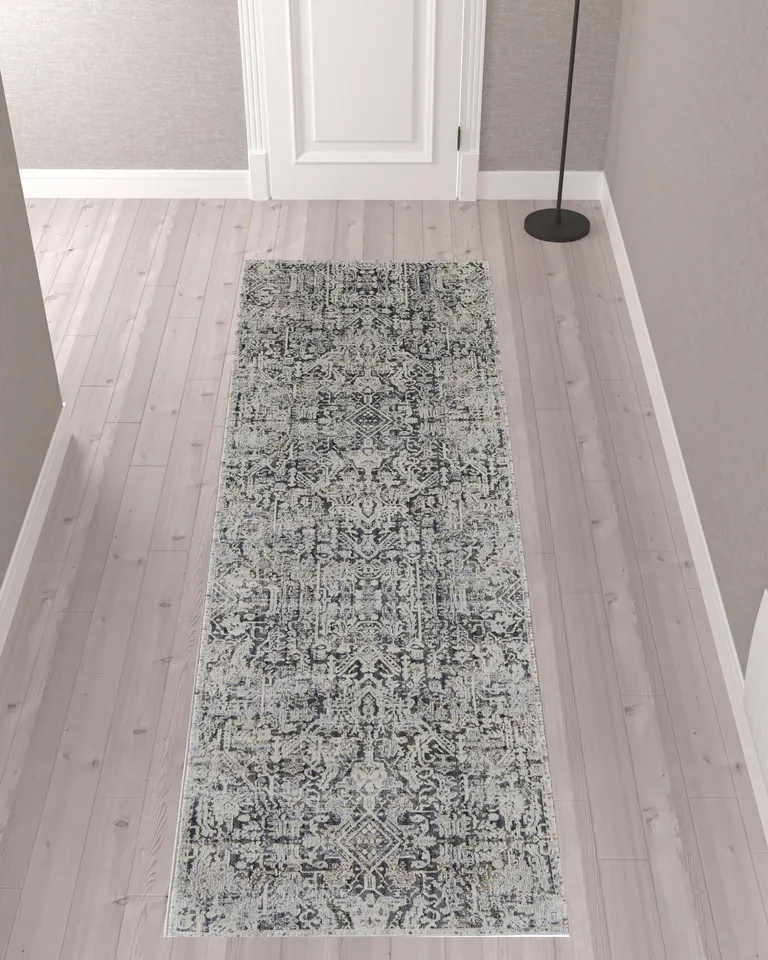 10' Ivory Gray And Taupe Abstract Power Loom Distressed Runner Rug With Fringe Photo 2