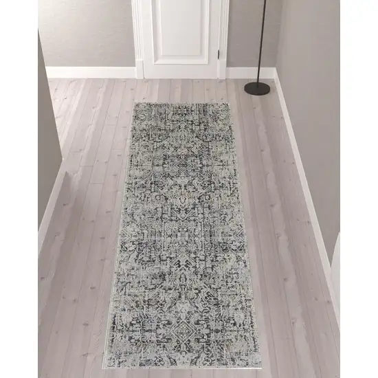 10' Ivory Gray And Taupe Abstract Power Loom Distressed Runner Rug With Fringe Photo 2