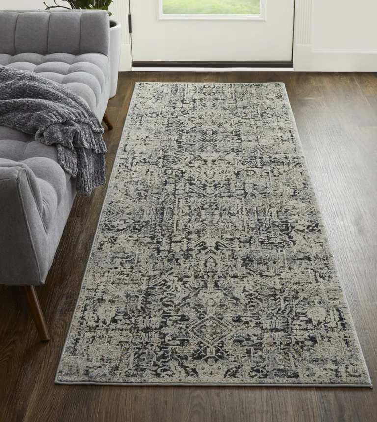 10' Ivory Gray And Taupe Abstract Power Loom Distressed Runner Rug With Fringe Photo 3