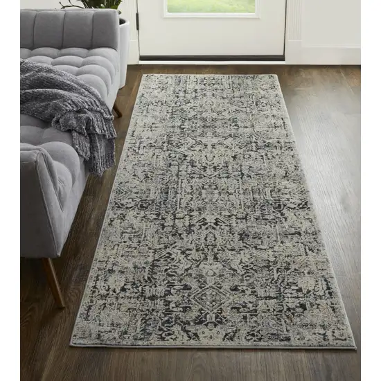 10' Ivory Gray And Taupe Abstract Power Loom Distressed Runner Rug With Fringe Photo 3