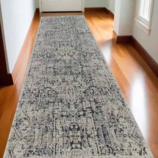 10' Gray and Ivory Abstract Power Loom Distressed Non Skid Runner Rug Photo 1