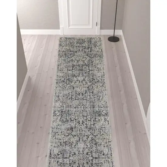 12' Ivory Gray And Taupe Abstract Power Loom Distressed Runner Rug With Fringe Photo 2