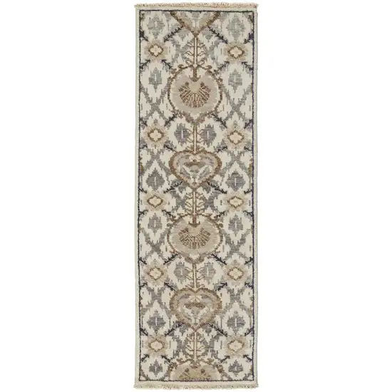 8' Ivory Gray And Taupe Wool Floral Hand Knotted Stain Resistant Runner Rug Photo 1