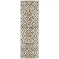 Photo of 8' Ivory Gray And Taupe Wool Floral Hand Knotted Stain Resistant Runner Rug