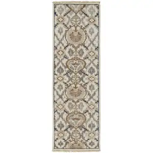 Photo of 8' Ivory Gray And Taupe Wool Floral Hand Knotted Stain Resistant Runner Rug