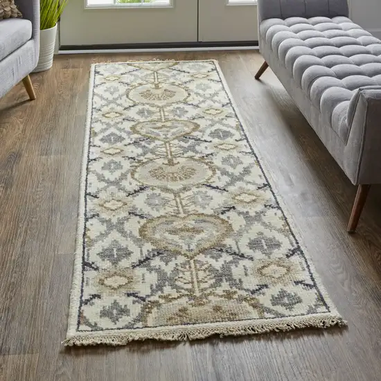 8' Ivory Gray And Taupe Wool Floral Hand Knotted Stain Resistant Runner Rug Photo 3