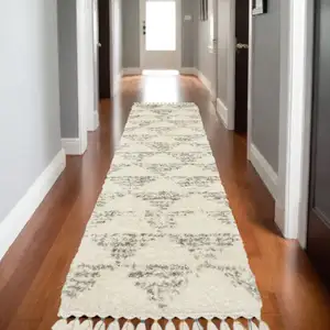 Photo of 8' Ivory Gray And Teal Geometric Shag Runner Rug With Fringe