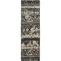 Photo of 8' Ivory Gray and Black Wool Geometric Hand Knotted Runner Rug