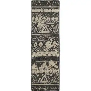 Photo of 8' Ivory Gray and Black Wool Geometric Hand Knotted Runner Rug