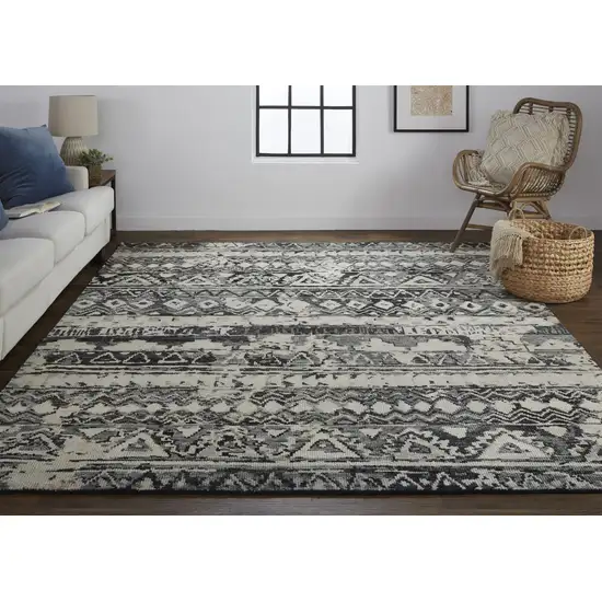 8' Ivory Gray and Black Wool Geometric Hand Knotted Runner Rug Photo 5