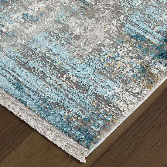 10' Ivory Gray and Blue Abstract Power Loom Runner Rug With Fringe Photo 4