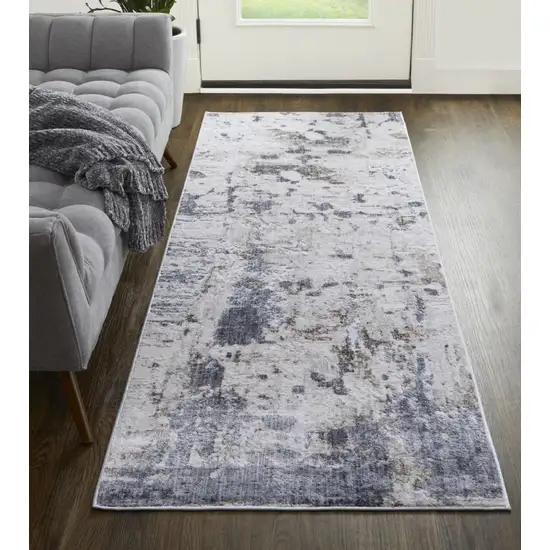 10' Ivory Gray and Blue Abstract Power Loom Worn Faded Runner Rug Photo 6