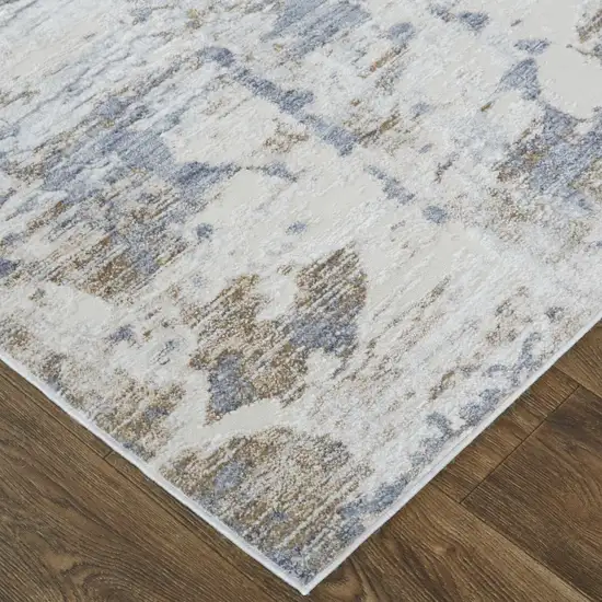 10' Ivory Gray and Blue Abstract Power Loom Worn Faded Runner Rug Photo 4