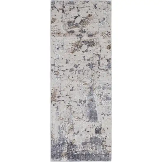 10' Ivory Gray and Blue Abstract Power Loom Worn Faded Runner Rug Photo 2