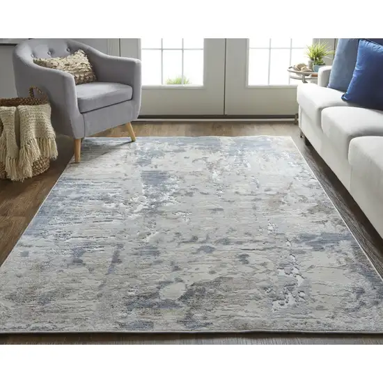 10' Ivory Gray and Blue Abstract Power Loom Worn Faded Runner Rug Photo 5