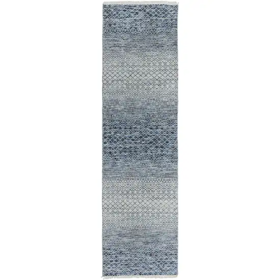 12' Ivory Gray and Blue Wool Hand Knotted Runner Rug With Fringe Photo 2