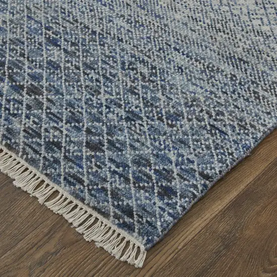 12' Ivory Gray and Blue Wool Hand Knotted Runner Rug With Fringe Photo 7