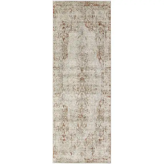 10' Ivory Gray and Brown Abstract Power Loom Worn Faded Runner Rug With Fringe Photo 2