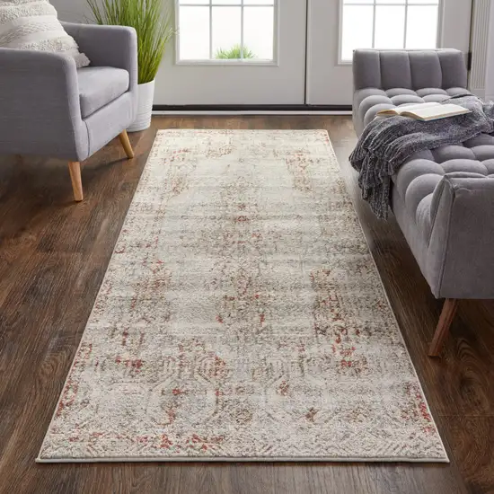 10' Ivory Gray and Brown Abstract Power Loom Worn Faded Runner Rug With Fringe Photo 6