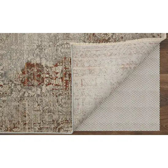 10' Ivory Gray and Brown Abstract Power Loom Worn Faded Runner Rug With Fringe Photo 4