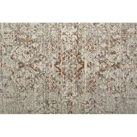 10' Ivory Gray and Brown Abstract Power Loom Worn Faded Runner Rug With Fringe Photo 7