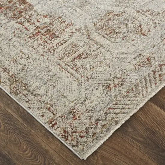 12' Ivory Gray and Brown Abstract Power Loom Worn Faded Runner Rug With Fringe Photo 4