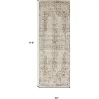 Photo of 12' Ivory Gray and Brown Abstract Power Loom Worn Faded Runner Rug With Fringe