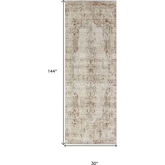 12' Ivory Gray and Brown Abstract Power Loom Worn Faded Runner Rug With Fringe Photo 3