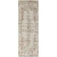 Photo of 8' Ivory Gray and Brown Abstract Power Loom Worn Faded Runner Rug With Fringe