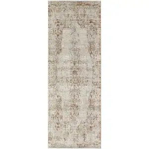 Photo of 8' Ivory Gray and Brown Abstract Power Loom Worn Faded Runner Rug With Fringe