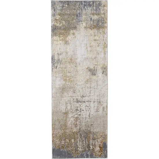 8' Ivory Gray and Brown Abstract Power Loom Worn Faded Runner Rug Photo 1