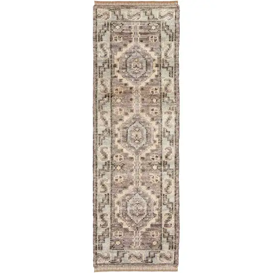 10' Ivory Gray and Brown Wool Geometric Hand Knotted Runner Rug With Fringe Photo 2